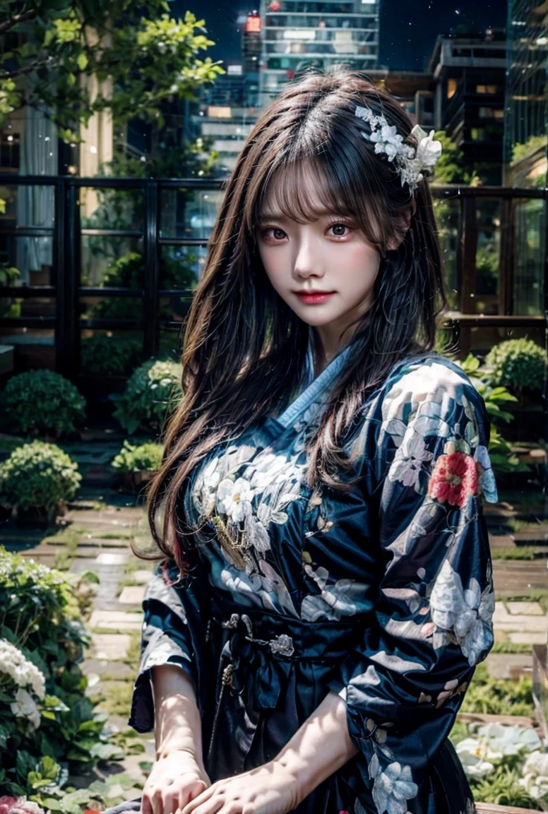 a beautiful young girl in a traditional korean hanbok dress, standing in a lush garden at night under a full moon, detailed background, (best quality,4k,8k,highres,masterpiece:1.2),ultra-detailed,(realistic,photorealistic,photo-realistic:1.37),HDR,UHD,studio lighting,ultra-fine painting,sharp focus,physically-based rendering,extreme detail description,professional,vivid colors,bokeh,detailed flower garden,moonlit night scene,traditional korean architecture