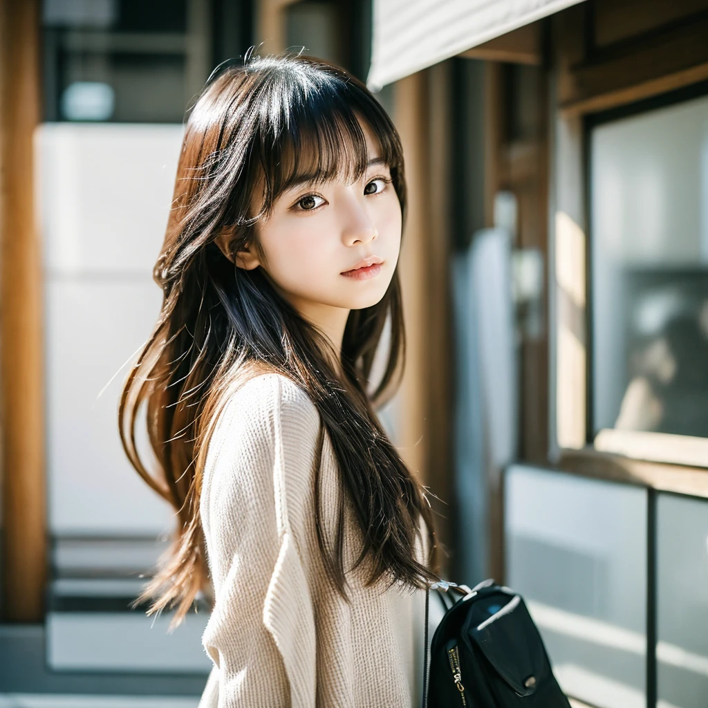 iPhone 15 pro photo, cool fashionable japanese woman, emotional photo, single focal length lens, portrait, Japanese photography style, Photo-detailed portrait style, full body Directly behind photo,  ,beautiful shining straight verylonghair