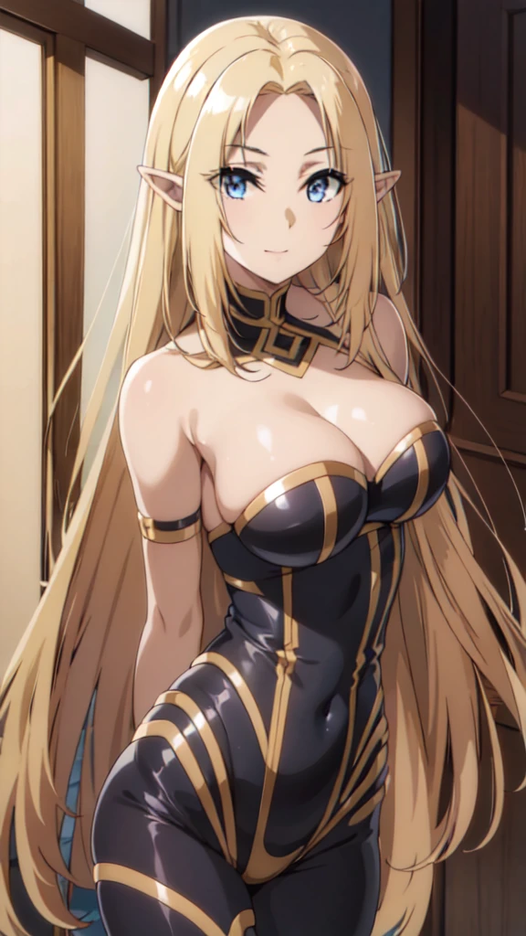 (Upper Body:1.3),(masterpiece:1.4),Medium Shot,anime,masterpiece,gravure, 8K,Realistic, Beautiful woman,An elegant and mature elven woman, Elf Ears,blue eyes, Place your arms behind your head,(美的animeの目:1.4),Large Breasts,blonde, Black bodysuit, smile,Beautiful breasts,(8K resolution:1.4), High quality CG, Beautiful CG, Soft Light,View your audience,(24-years-old),