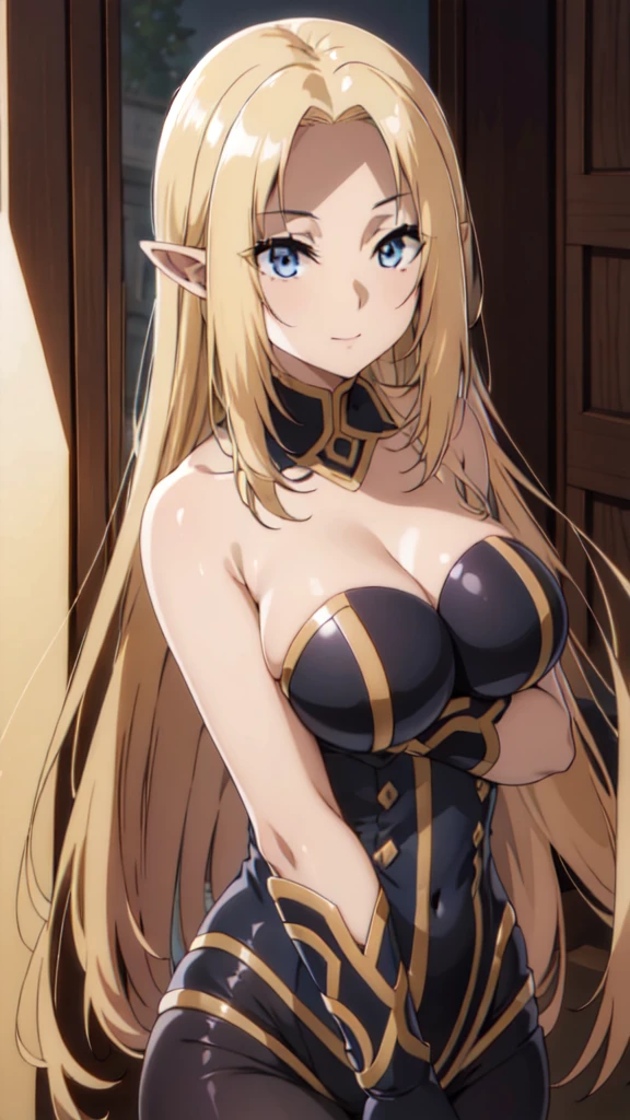 (Upper Body:1.3),(masterpiece:1.4),Medium Shot,anime,masterpiece,gravure, 8K,Realistic, Beautiful woman,An elegant and mature elven woman, Elf Ears,blue eyes, Place your arms behind your head,(美的animeの目:1.4),Large Breasts,blonde, Black bodysuit, smile,Beautiful breasts,(8K resolution:1.4), High quality CG, Beautiful CG, Soft Light,View your audience,(24-years-old),