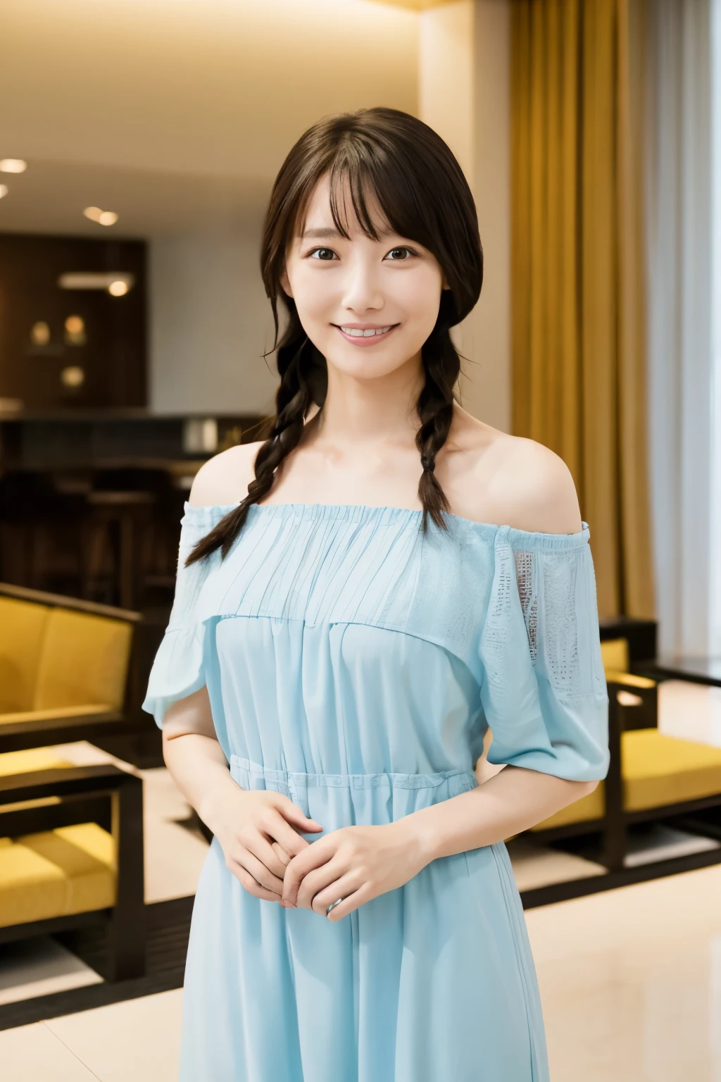 A Japanese woman, {30|40} years old, 1girl, cute face, slight smile, ((detailed face, detailed eyes)), black {short|braid} hair, medium breasts, very thin waist, correct human body structure, Off-the-shoulder dress in red, in a hotel lobby, (full body photo),