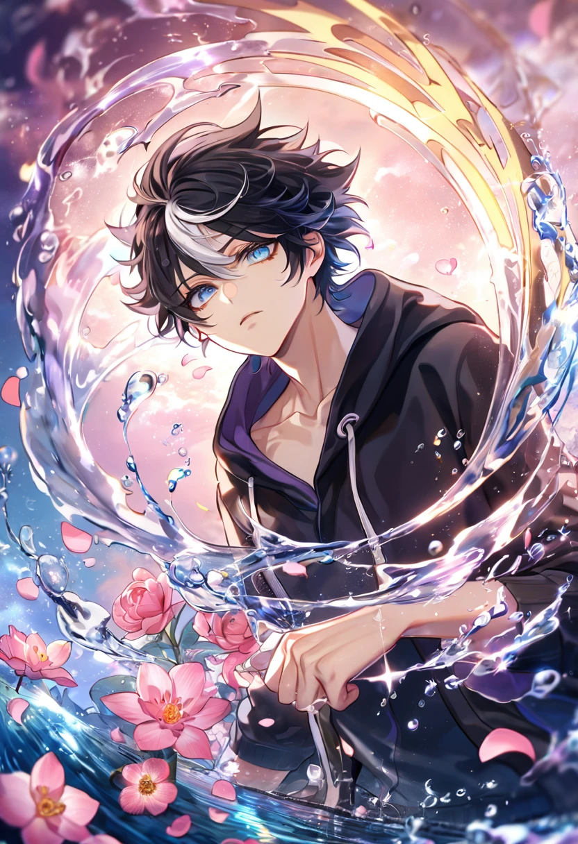 absurdres, highres, ultra detailed, HDR, master piece, best quality, Licht Todoroki, black hair, white strand of hair on his forehead, expressive blue eyes, Servamp, solo, sexy man, handsome, black hoodie, water, fantasy, shining, pink flowers, pink blossoms, pink petals, magical