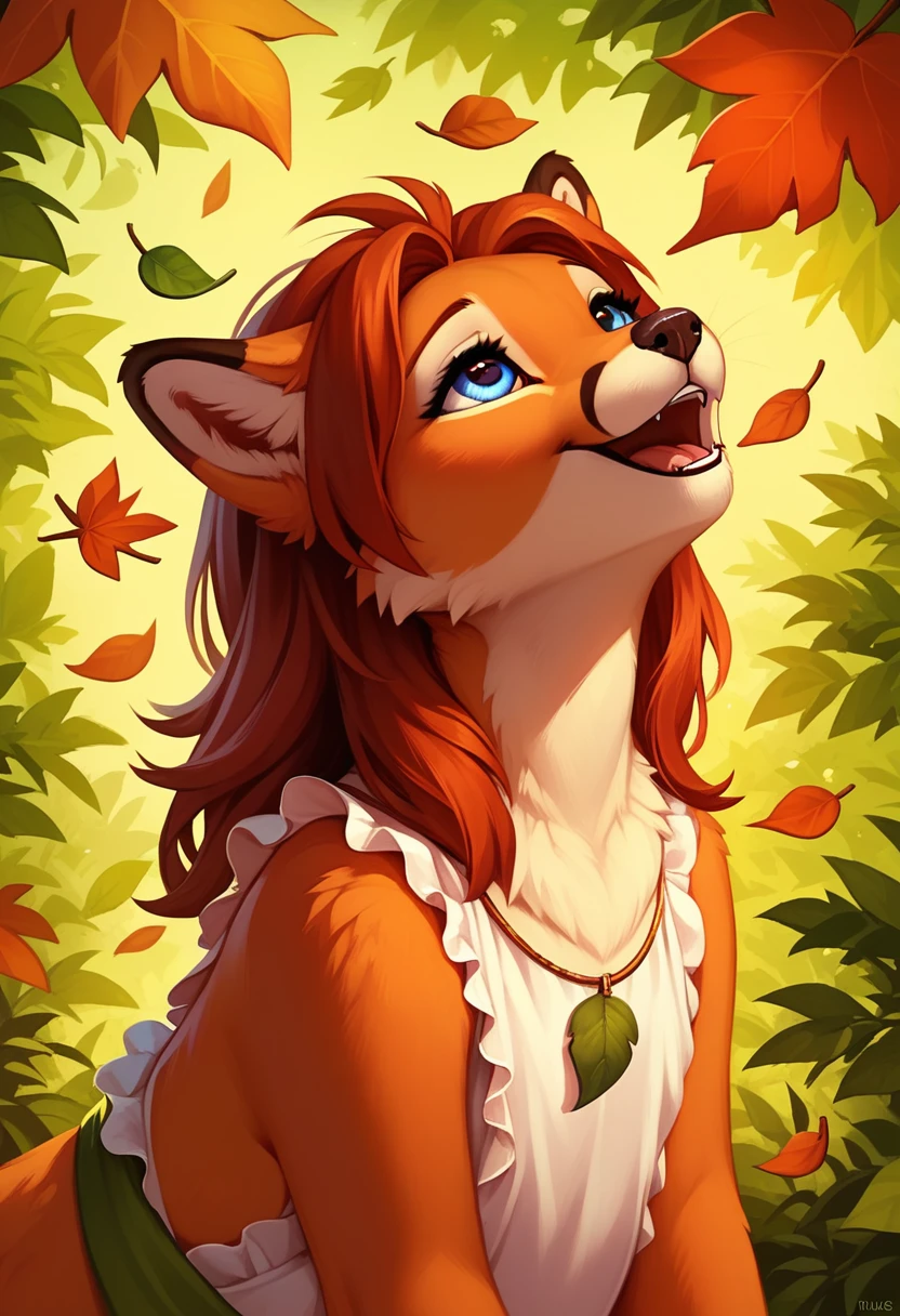 by woolrool,,, elora furry, detailed and extremely fluffy body fur, fluff, masterpiece, looking up beautiful surroundings, detailed background, happy, leaf-dress, hyper-pregnant 