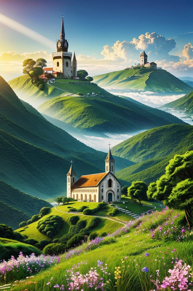 Medieval Catholic church on the mountain, View of the sea, surrounded by lush vegetation in a valley of flowers, rise sun, with rays of light, slightly misty day, Ultra -HD, 真实感, cinematic light, detailed back ground, swirly vibrant colors, conceptual artwork