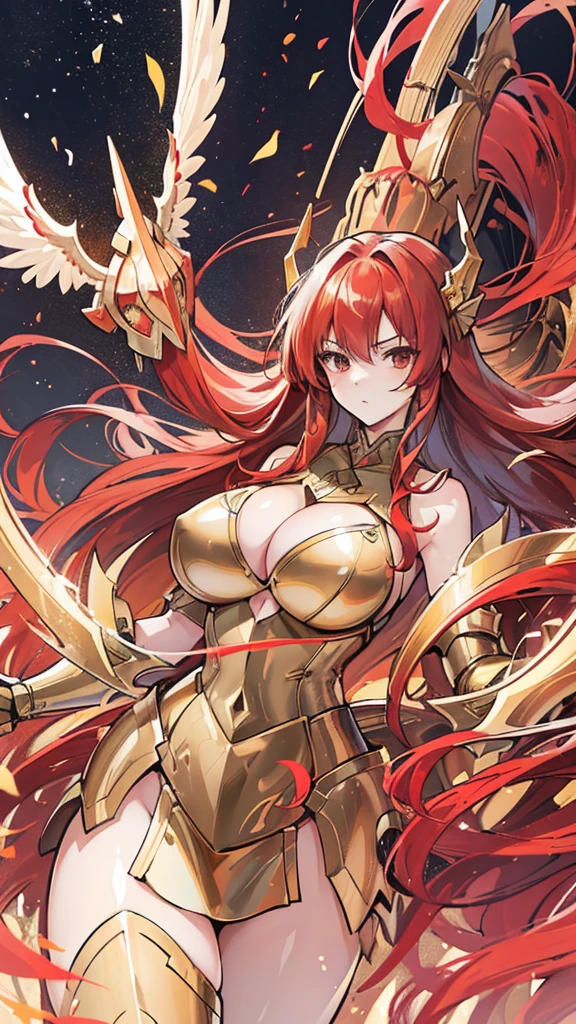 woman, long hair,, Golden Armor, Sagittarius Armor, very long hair, (long hair), long hair, (((Red hair))), (((Red hair))), Detailed images, Super definition, 16K, looking at camera, wing, Golden armor, helmet, Sagittarius Armor，Huge breasts，cleavage