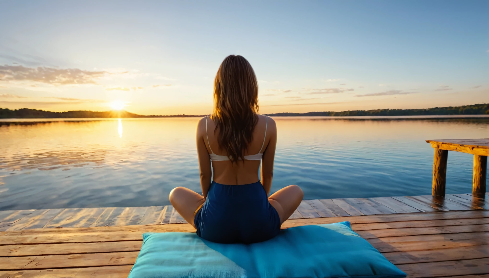 A woman filmed with her back facing the sunrise in a meditative position with nature and a calm lake around her, the woman is sitting on a rug and a cushion on a wooden pier, a color palette s]in shades of blue and yellow.. ultra realistic image