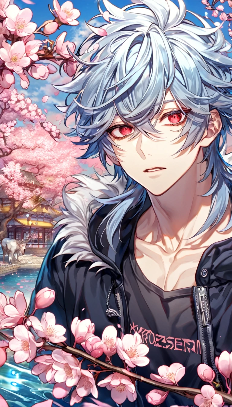 Ultra detailed, highres, absurdres, HDR, master piece, Kuro, messy hair, light blue hair, expressive red eyes, black bags under the eyes, Servamp, fantasy, pink petals, water, pink flowers, handsome, sexy man, solo, best quality, blossoms, blue shining fireflies, black shirt, a hooded light blue jacket with fur, the word "KROZSERIA" is written on his shirt