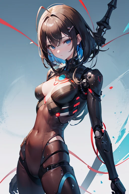 A humanoid machine made entirely of wood The whole body is dark brown in color. The wood grain pattern is all over the body. The arms are ball-shaped and can be fitted into place, and there are holes in the torso mold so they can fit into place. The arm joints, wrist joints, finger joints, knees, and ankles are fitted with balls. The hip joint has two holes and the ball-shaped part on the foot side fits into place. No antennae on the head A glowing spherical core is embedded in the chest. Holding a sword The background is blue sky