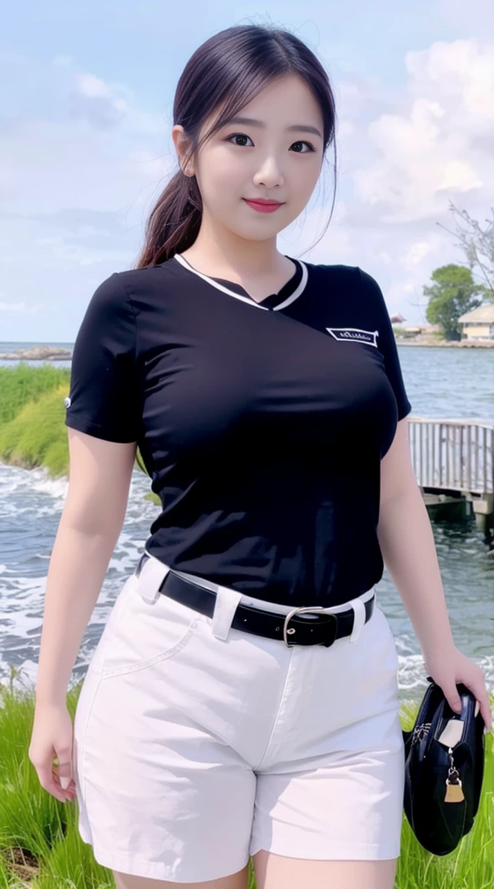 Beautiful fat woman standing by the sea
