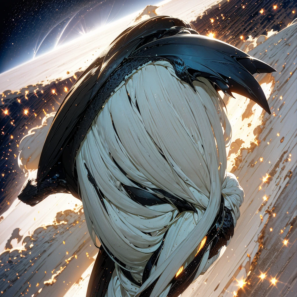 A black angel with white hair, in the middle of the desert, during an eclipse, at night, character in the center of the image