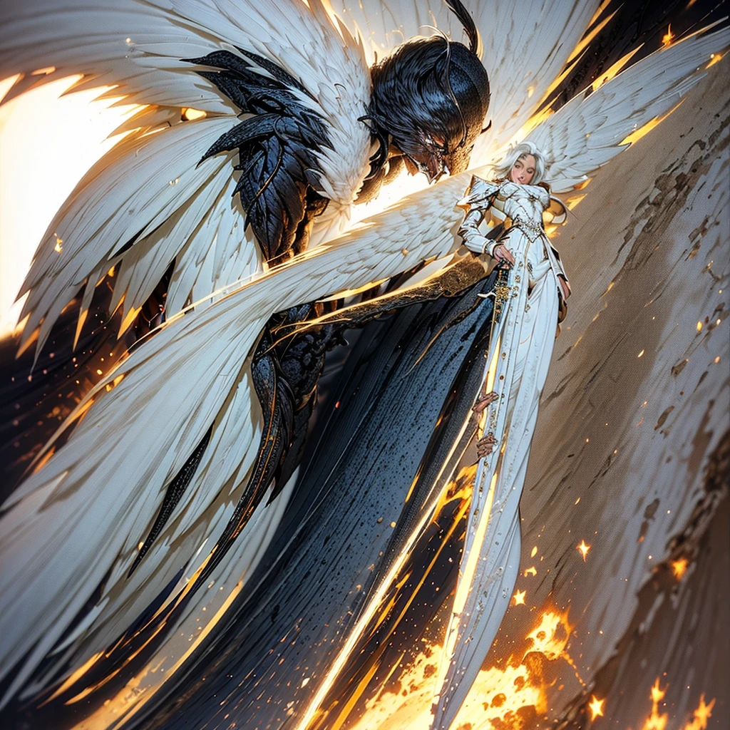 A black angel with white hair, in the middle of the desert, during an eclipse, at night, character in the center of the image