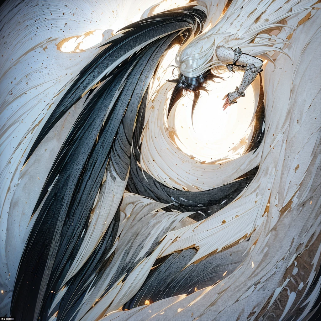 A black angel with white hair, in the middle of the desert, during an eclipse, at night, character in the center of the image