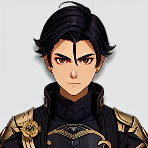 Simple white background, male character Genshin Impact, unique character, serious look, , black suite, short black hair without bangs, goatee, visual novel, detailed black armor, high quality, cinematic, dramatic pose, intricate details, colors vibrant, masterpiece, Genshin Impact