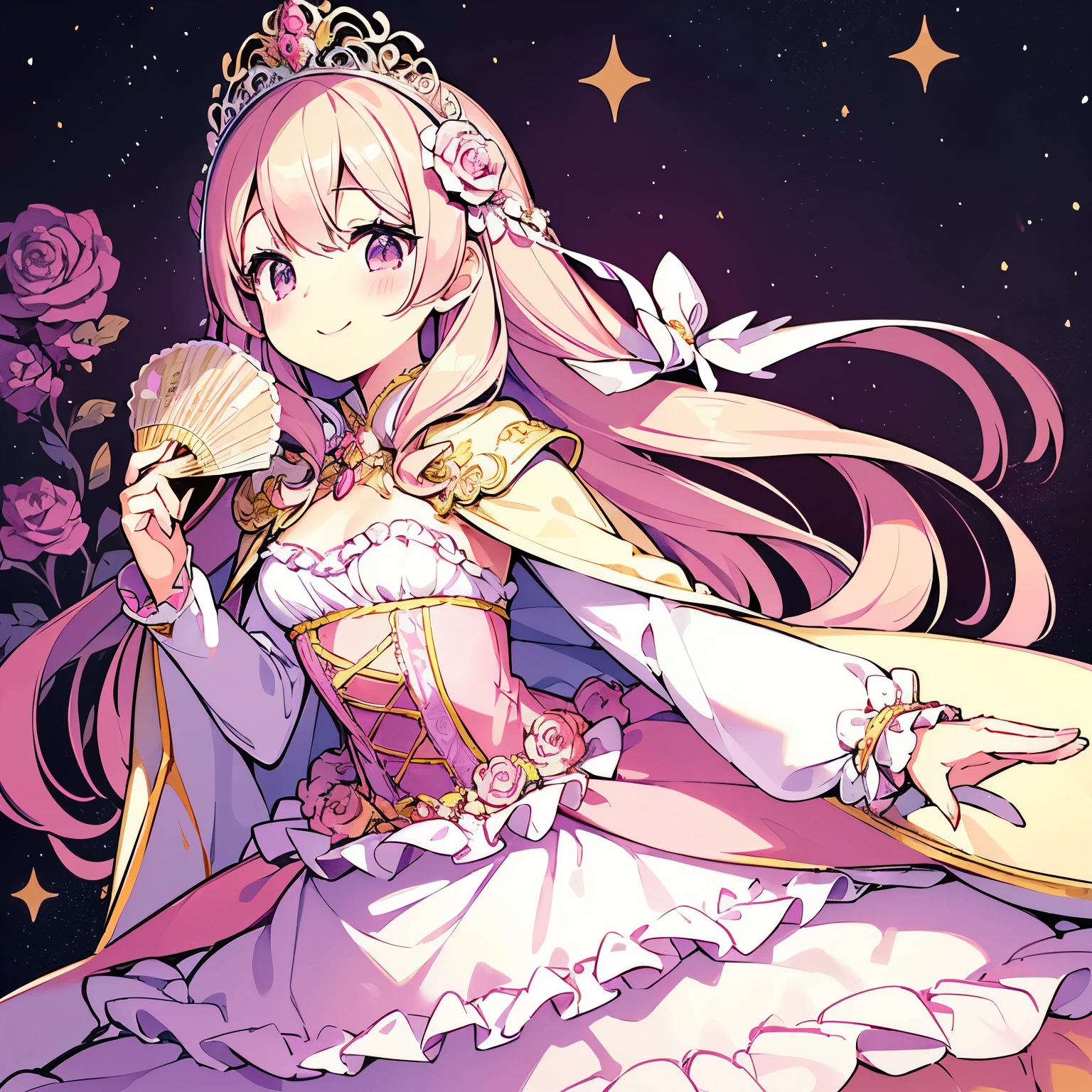 (kawaii),(best quality),(ultra detailed),(rococo style),(long train pastel pink cape:1.15), very long cape,(long train white ball gown with flower decorations:1.1), a girl is wearing a cape over her gown,(she has a western style fan:1.05), 1  princess, tiara, smile, very long hair, small breasts, beautiful detailed eyes, beautiful detailed lips