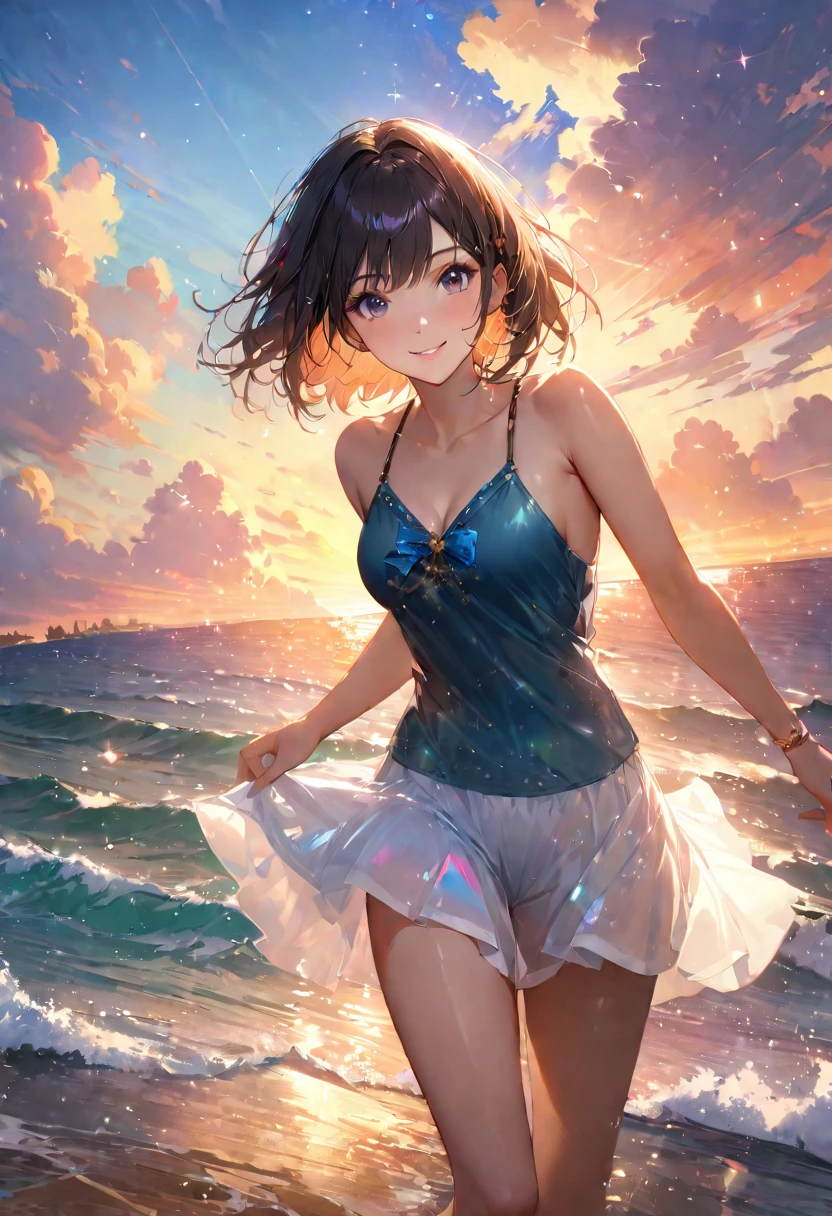 Sparkling sea and tropical ocean, Sunny sky with fluffy white clouds, Palm trees along the coast, Blur the background,Pleasant sea breeze,high school girl,Swimwear,short hair,smile,Glitter effect,Highest quality, 4K, 8K, High resolution, masterpiece:1.2, Very detailed, Realistic:1.37, High resolution, 超High resolution, Ultra-fine painting, Very detailed, Professional, Vibrant colors