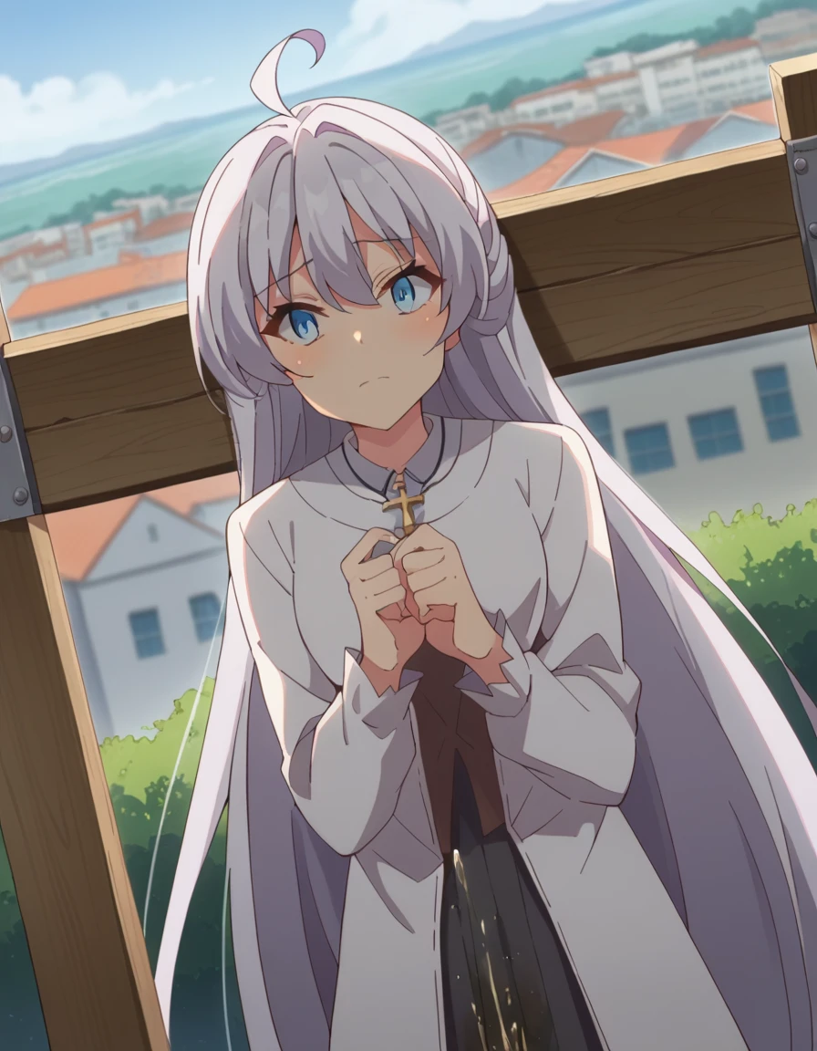 score_9, score_8_superior, score_7_superior, sauce_anime,
kurehaclyret, Kureha Claylet, Long Hair, bangs, blue eyes, very Long Hair, Ahoge, Gray Hair,Erotic、Crucifixion、Peeing、(((nsfw、hentai)))
Outdoor, Cityscape, 
View your viewers, Dutch Angle,