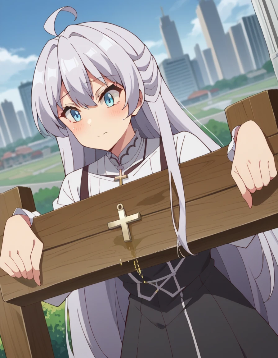 score_9, score_8_superior, score_7_superior, sauce_anime,
kurehaclyret, Kureha Claylet, Long Hair, bangs, blue eyes, very Long Hair, Ahoge, Gray Hair,Erotic、Crucifixion、Peeing、(((nsfw、hentai)))
Outdoor, Cityscape, 
View your viewers, Dutch Angle,