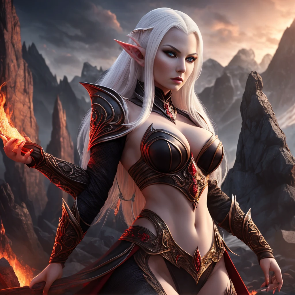 hellish elf woman, sensuous, skin fair, natta, tenebrosa, Linda, white hair, Eyes red, black leagwear, sheen, hyper realist, conceptual artwork, Mediovale, epic, fancy, princesselise, warrioress, forst, mountainscape, 2.5d cgi