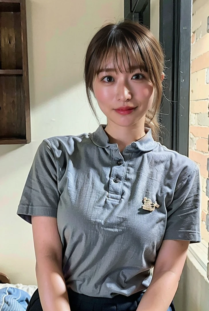((Droopy eyes、Are standing、Medium Short Hair、服の上からでもわかるBig Breasts、Both hands are in front of the navel、A photo showing pants through a short polo shirt、roll up one's shirt with one's hands、She is wearing a white polo shirt and luxurious white panties.、:1.4))、In the living room、Cream hair color、Her huge breasts are obvious even through her clothes....、Small earrings、Light brown hair color、:1.4))、Shiny Hair、Light beige hair color、Background Blur、Light brown hair、{{Cowgirl Shot}}、((Close-up shot from the waist up、Big Breasts:1.4))、Big Breasts、にっこりsmile、服からでも分かるBig Breasts、Cowboy Shot、素敵なsmile、((Revealing clothing))、Full body photo、ring、Tuck your hair behind one ear、Silver Necklace、smile、Caustics、Highly detailed photos、Big Breasts、Super no makeup、(8K、RAW Photos、Highest quality、masterpiece:1.2)、(Realistic、Realistic)、1 Girl、((Big Breastsショートヘア、Looking into the camera:1.4))、Hair blowing in the wind