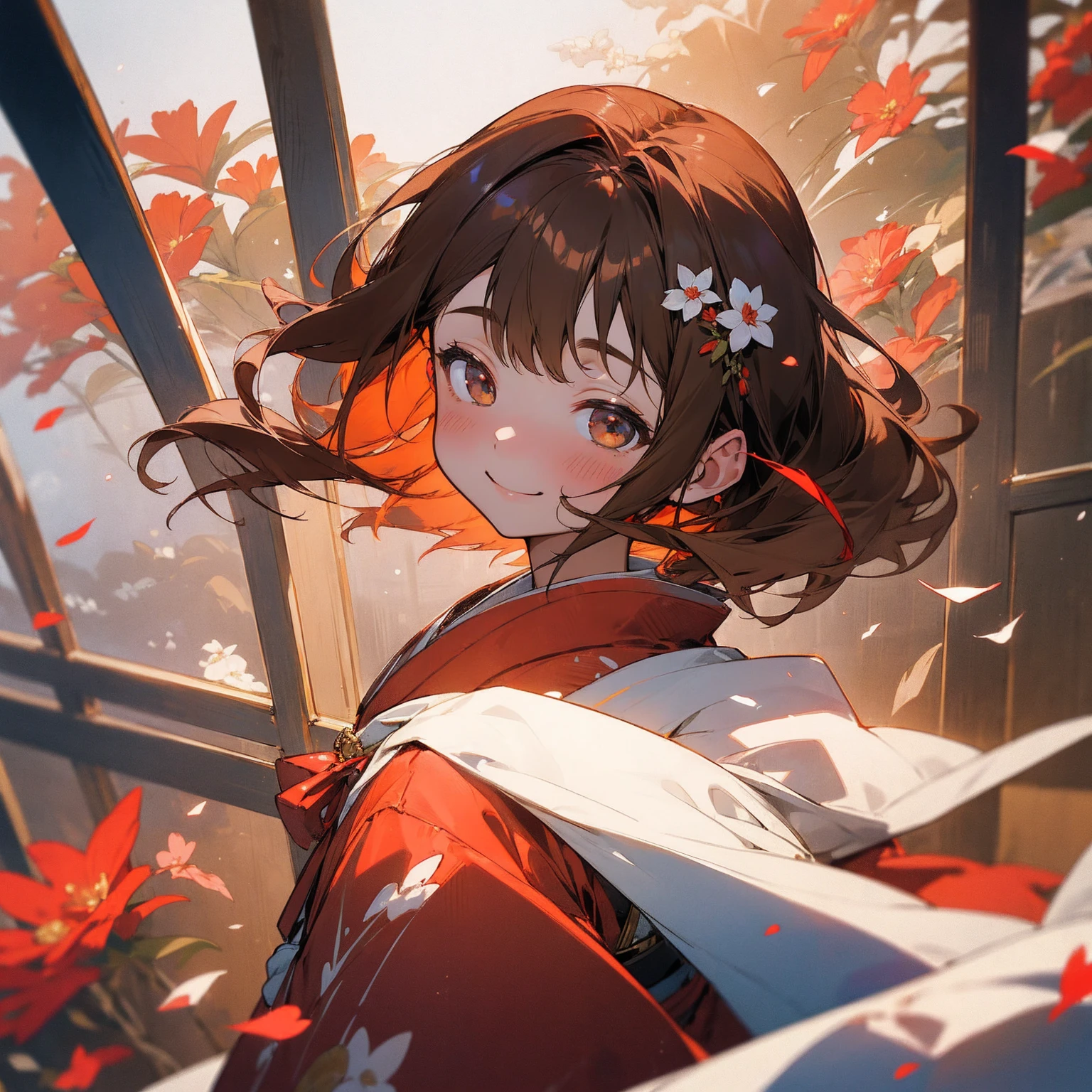 (beautifully、beautiful:1.2)、(1 Girl:1.3)、(Brown color hair:1.2)、Wearing a red kimono、miracle、happinessそうなsmile、smile、happiness、Great space、Red and white flowers、wedding、