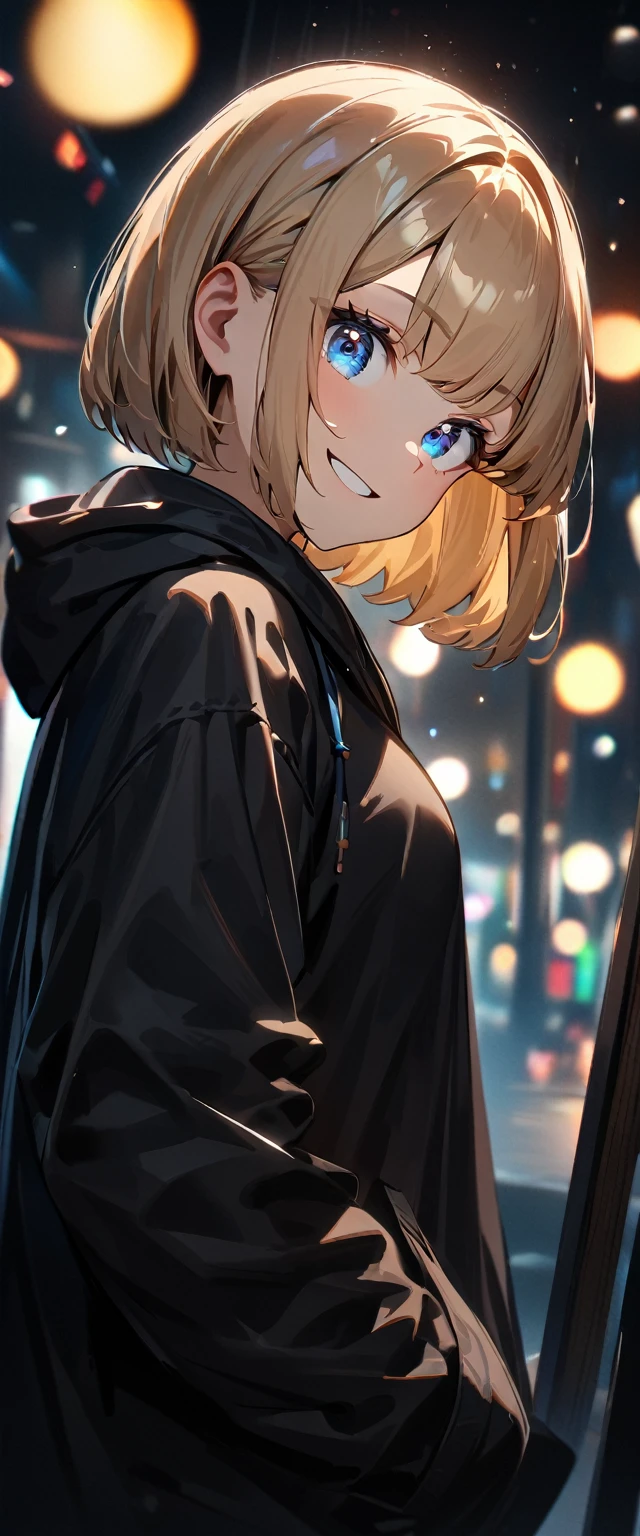 (((One girl))), Shibuya, blond hair, bob cut, ((face in focus)), (looking at viewer), breasts, ager, head tilt:1.3, (((blue eye))), constricted pupils, (from side:1.3), reaching, hand in pocket, ((happy smile)), black hoodie:1.3, black shorts:1.3, anime style, (best quality, 4k, 8k, highres, masterpiece:1.2, ultra-detailed, ultra-detailed eyes, HDR, UHD, studio lighting, ultra-fine painting, sharp focus, physically-based rendering, extreme detail description, professional, vivid colors, bokeh)