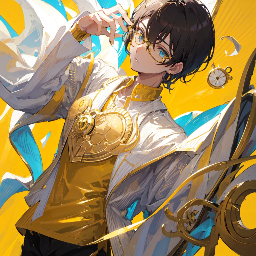 A male god，short hair，Gold and white shades，Wearing a monocle，((Pure yellow background))