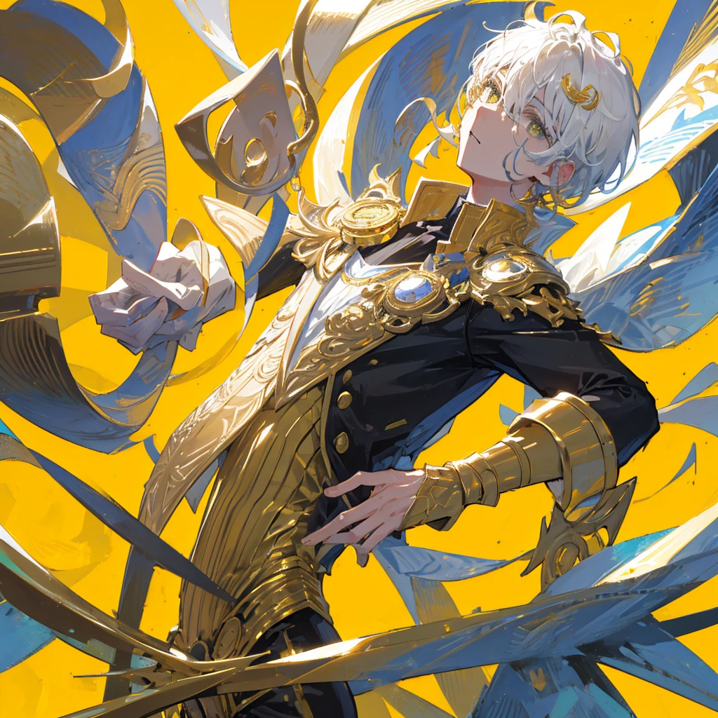 A male god，short hair，Gold and white shades，Wearing a monocle，((Pure yellow background))