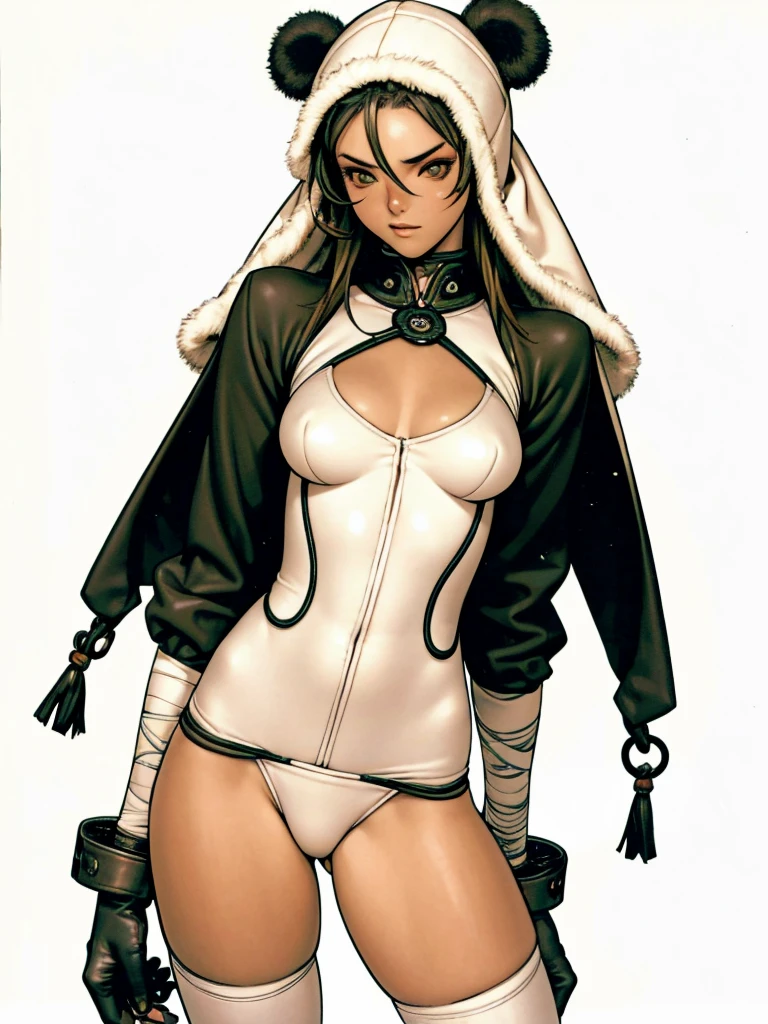 (((Brunette))), (((Panda suit))), (scars), (((bandaged arms))), ((panda fur hood)), (((panda luvas))), (((best qualityer: 1.4))), (Unbeatable masterpiece), (hiper HD),(CG 8k hyper-realistic), (((brave face))), (((breasts big))), (((hyper feminine))), sexly girl, black tattoo,(ultra short black hair with red highlights)), ((( sculptural body ))), (((1 Kizi))), Kizi tatuada de 25 anos com perfectbody,,Beautiful and well-groomed face,muscular body:1.2,solid color detailed jacket, (Head to thigh photos), Complex equipment, green dark,long pants,Tight clothes are dark,With white stars and off-white stripes,,,,,Armor Metal Electronic Parts, Poison tattoos ) INFO, Kizi, (((standing alone))), pirralha violent, ((())), sexly, pose de atitude, work of art, post-apocalypse, (((manga style))), bounty hunter, violent, Manic, the way you want, slenderbody, thin but strong, perfectbody, roupa moderna, advanced technology, Pleated mini skirt with checkered pattern in red and black, fur collar jacket, sleeves with vertical striped pattern, neutral background, (( cowboy shot )). intricate visual