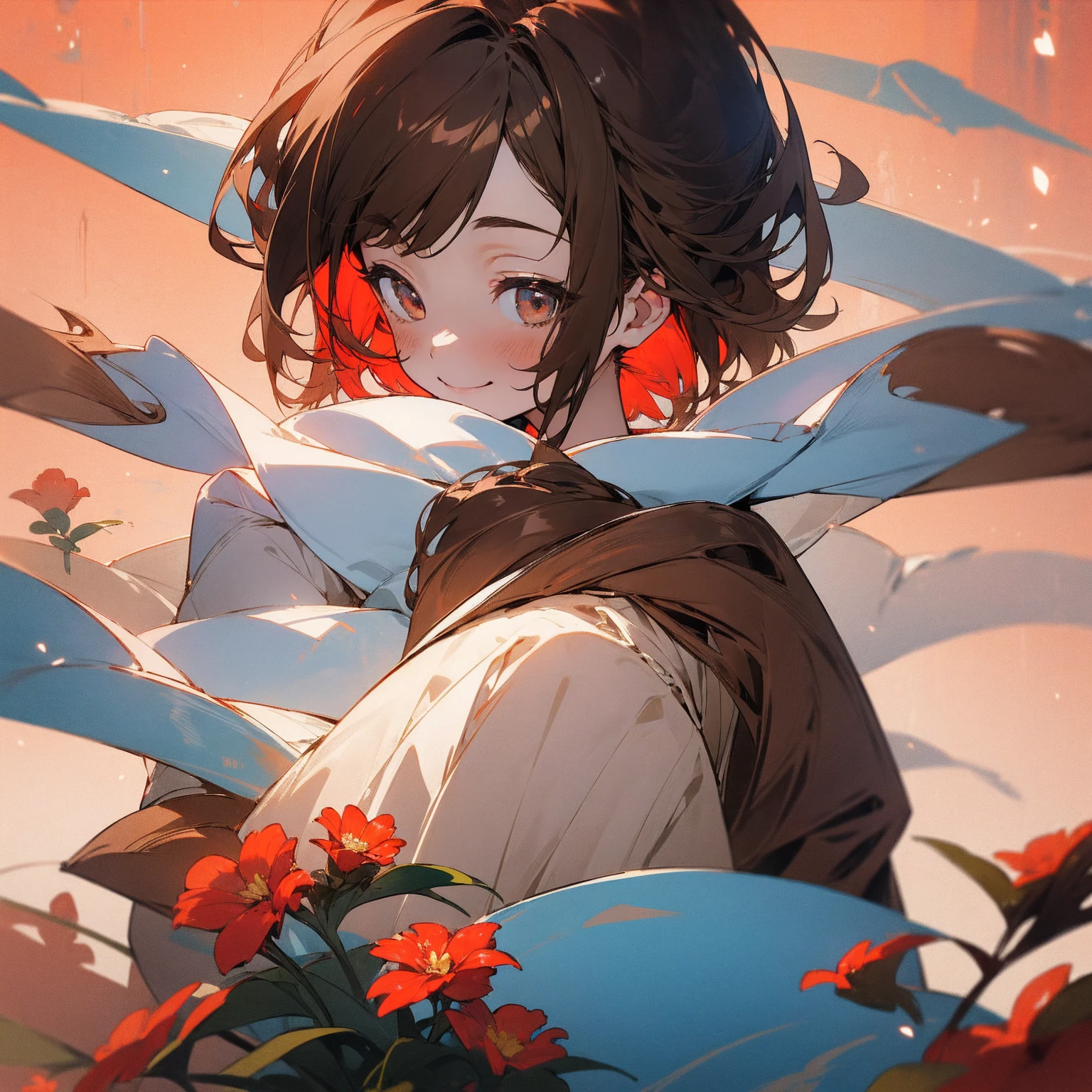 (beautifully、aesthetic:1.2)、(1 Girl:1.3)、(Brown color hair:1.2)、Wearing a red kimono、miracle、happinessそうなsmile、smile、happiness、Great space、Red and white flowers、