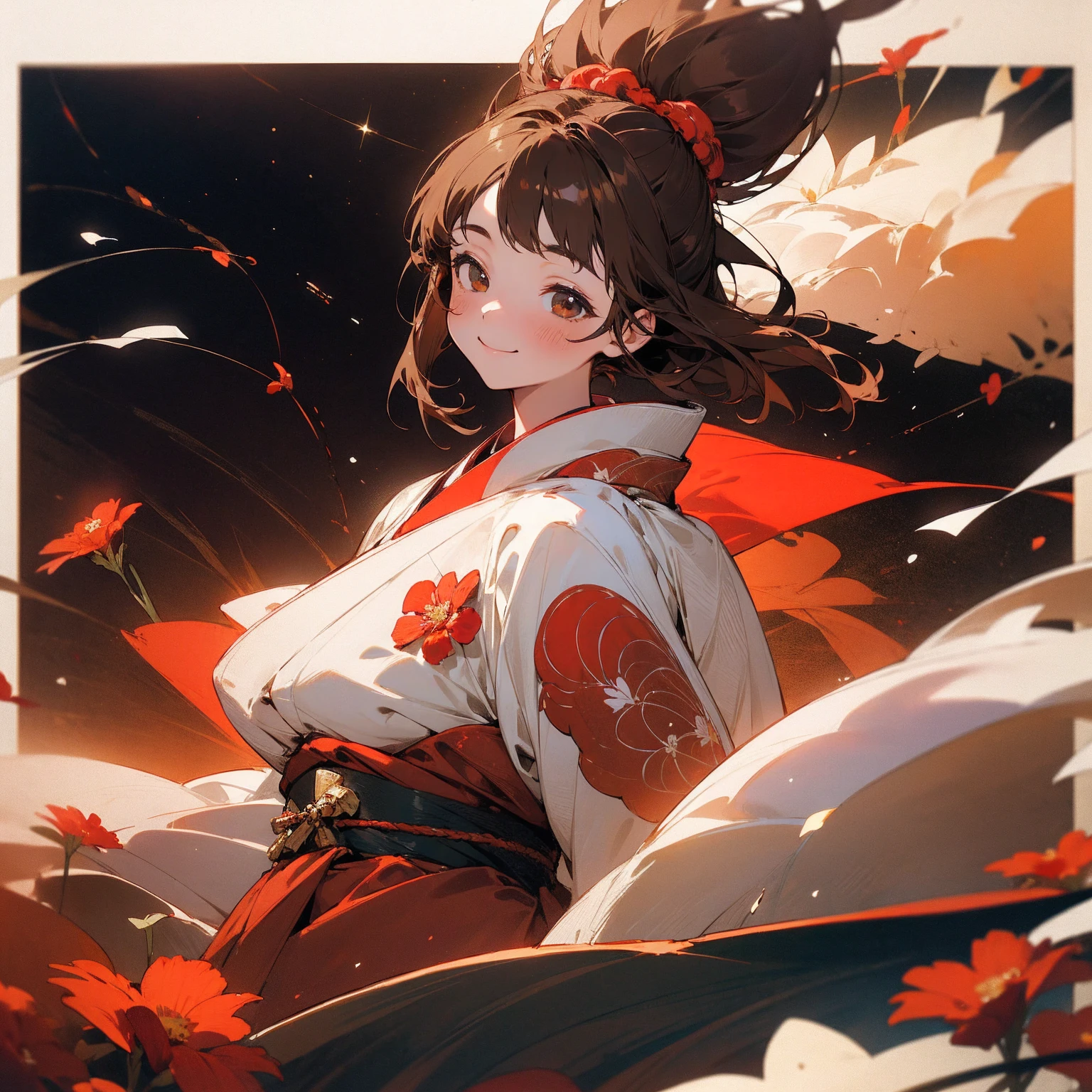 (beautifully、aesthetic:1.2)、(1 Girl:1.3)、(Brown color hair:1.2)、Wearing a red kimono、miracle、happinessそうなsmile、smile、happiness、Great space、Red and white flowers、