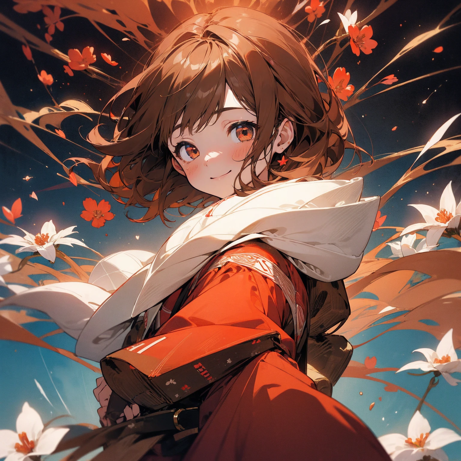 (beautifully、aesthetic:1.2)、(1 Girl:1.3)、(Brown color hair:1.2)、Wearing a red kimono、miracle、happinessそうなsmile、smile、happiness、Great space、Red and white flowers、