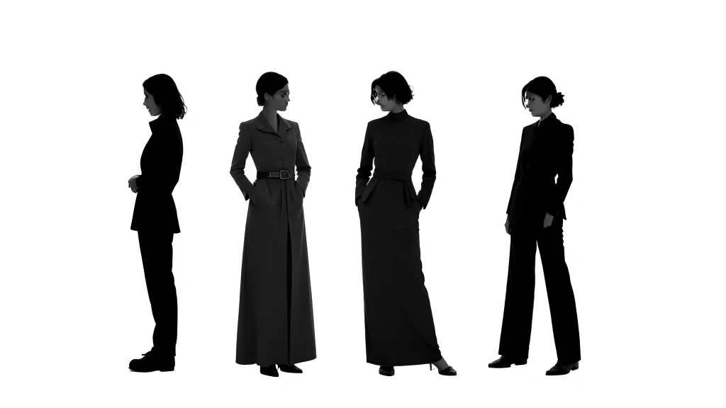 three women silhouette's standing, (line contour), dark white background, ((high contrast)), facing viewer, cute