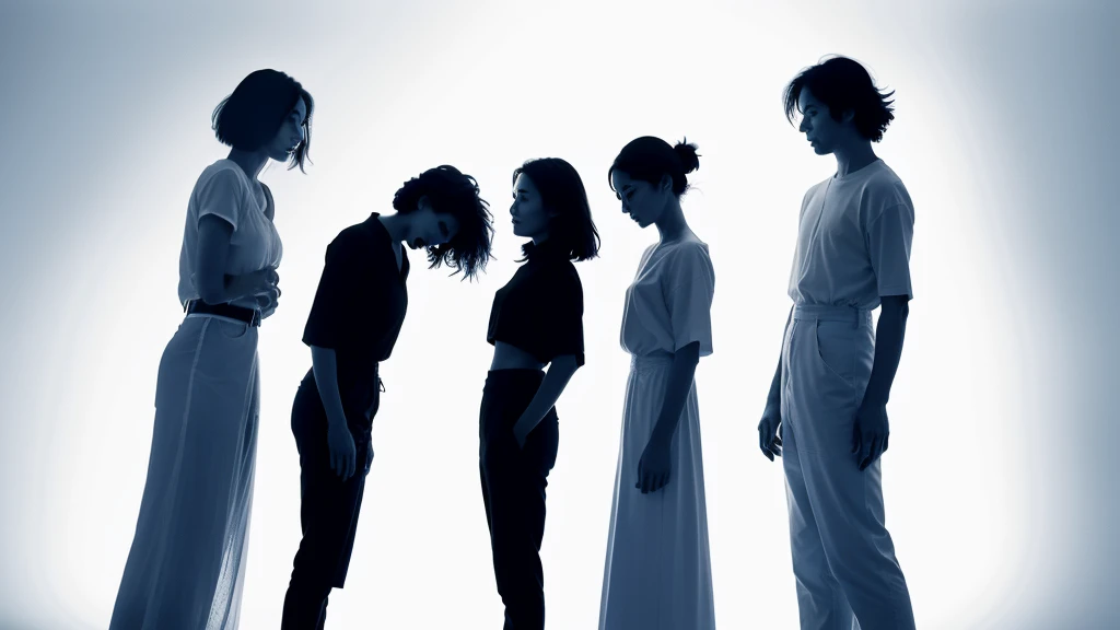 three women   silhouette's standing, (line contour), dark white   background, ((high contrast)), facing viewer, cute
