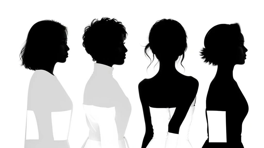 three women silhouette's standing, (line contour), dark white background, ((high contrast)), facing viewer, cute
