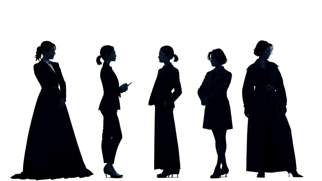 three women silhouette's standing, (line contour), dark white background, ((high contrast)), facing viewer, cute