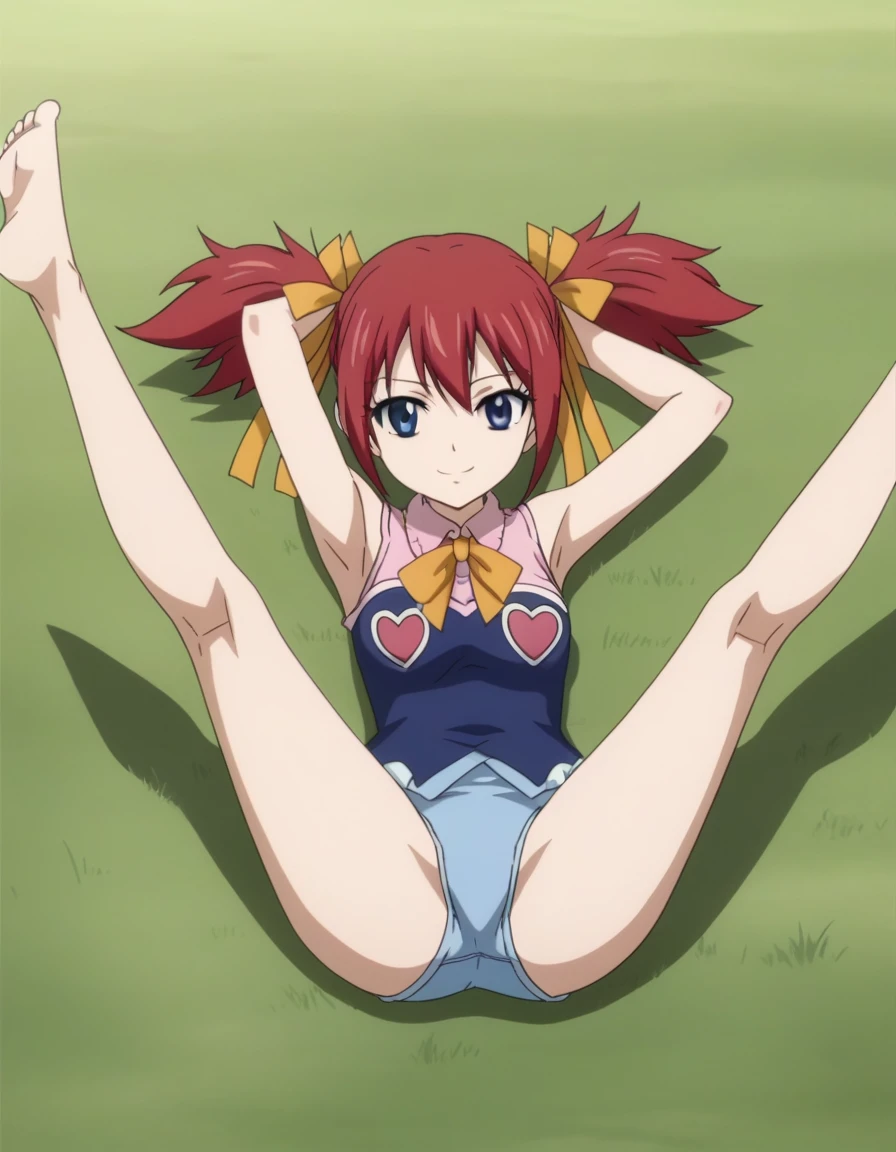 chelia_blendy, source_anime, rating_safe, intricate details, anime screencap, anime coloring, 1girl, solo, red hair, blue eyes, ribbon, hair ribbon, twintails, short twintails, looking at viewer, high quality, solo, lying, on back, arms up, spread arms, closed mouth, on grass, center, full body, looking at viewer, suggestive smile, best quality, spread legs,