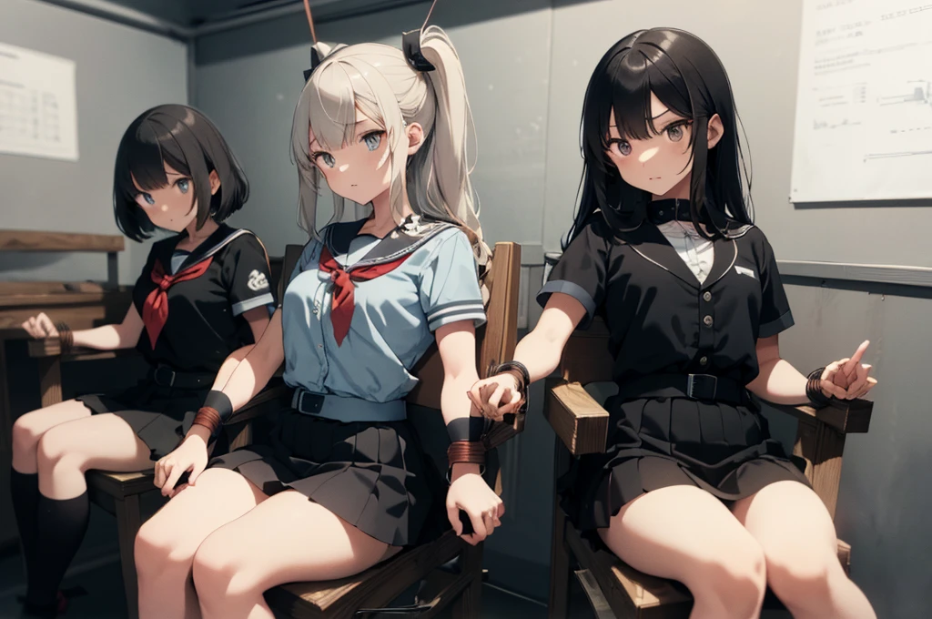 3 girls, ((squeezed together, inside tiny cube, strapped to chairs)), (sitting:1.5), (bondage chair:1.5), (inside torture room:1.5), ((basement, metal room)), (((3 girls, group of girls))), (inside tiny cube, tightly packed), arms to sides , wrist cuffs, ankle cuffs, (((shocked expression, struggling))), ((short sleeve, sailor uniform, mini skirt, tight clohing)), arms to sides, long hair, dark hair, saphire eyes, perfect body, perfect face, detailed face, (((detailed eyes))), image taken from afar