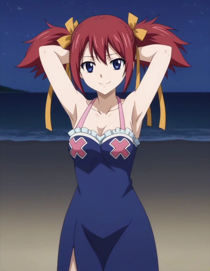 chelia_blendy, source_anime, rating_safe, intricate details, anime screencap, anime coloring, 1girl, solo,  red hair, blue eyes, ribbon, hair ribbon, twintails, short twintails, looking at viewer, solo, contrapposto, spread armpit, arms behind head, smile, looking at viewer, (cowboy shot:1.5), closed mouth, night sky, beach, high quality,