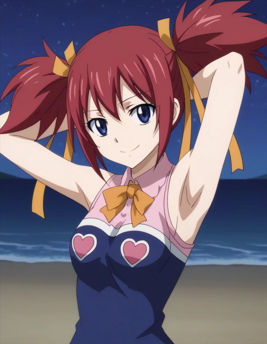 chelia_blendy, source_anime, rating_safe, intricate details, anime screencap, anime coloring, 1girl, solo,  red hair, blue eyes, ribbon, hair ribbon, twintails, short twintails, looking at viewer, solo, contrapposto, spread armpit, arms behind head, smile, looking at viewer, (cowboy shot:1.5), closed mouth, night sky, beach, high quality,