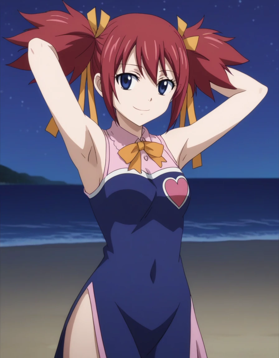 chelia_blendy, source_anime, rating_safe, intricate details, anime screencap, anime coloring, 1girl, solo,  red hair, blue eyes, ribbon, hair ribbon, twintails, short twintails, looking at viewer, solo, contrapposto, spread armpit, arms behind head, smile, looking at viewer, (cowboy shot:1.5), closed mouth, night sky, beach, high quality,