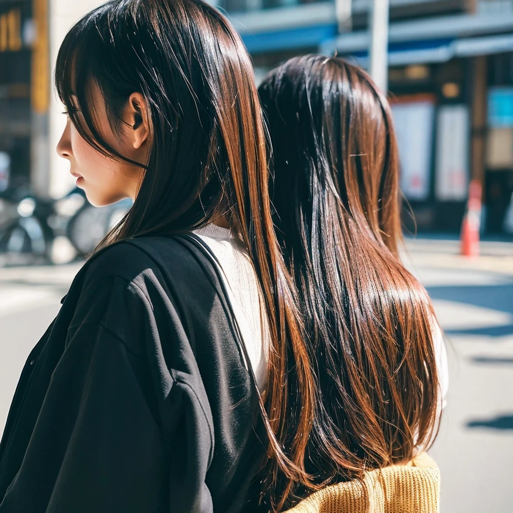 iPhone 15 pro photo, cool fashionable japanese woman, emotional photo, single focal length lens, portrait, Japanese photography style, Photo-detailed portrait style, full body Directly behind photo, back view ,beautiful shining straight verylonghair