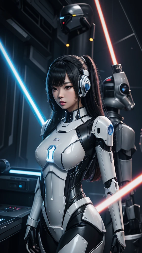 asian woman, tez blanca, korean, futuristic clothing, modern outfit provided, NO DEFORMATIONS, beautiful, robot, cyborg, android, light, laser, League of Legends, splah art, sexy, the payment, chrome, Metal, topless, FNAF, Animatronic, black and white, shadows, contrast, linda, beauty, goddess, kpop, Twice, Blackpink, warframe, robots, EVERGLOW, Aespa, idol, star wars, stormtrooper, steel, iron, Metal, the payment, Dark, lingerie, Dorado, gold, lights, trails, cables, wires, doll, doll, doll, haydee. neutral background