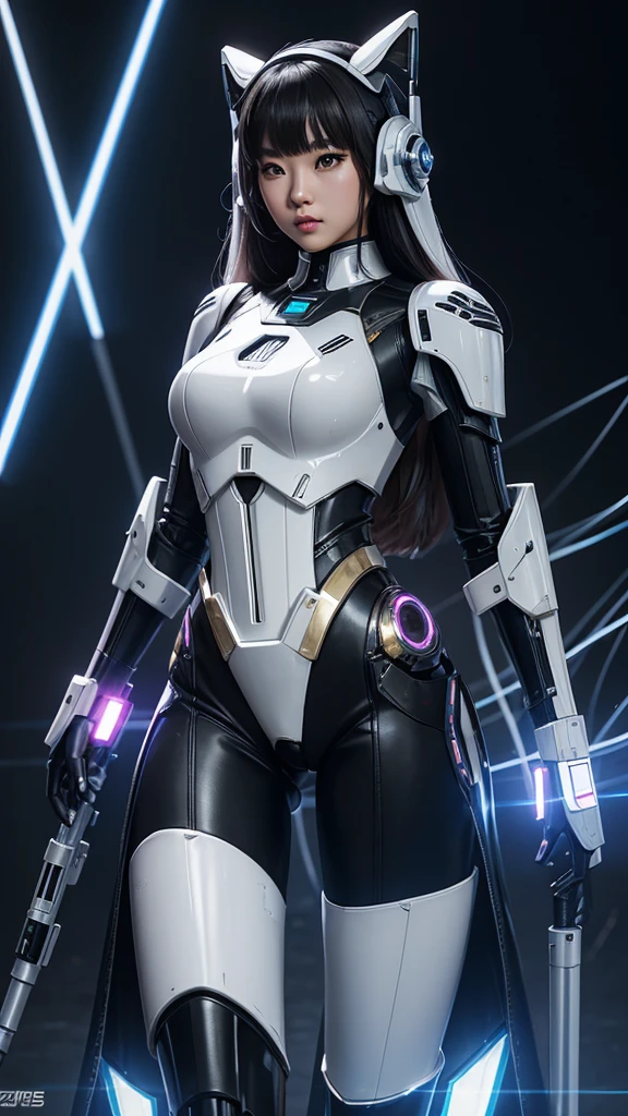 asian woman, tez blanca, korean, futuristic clothing, modern outfit provided, NO DEFORMATIONS, beautiful, robot, cyborg, android, light, laser, League of Legends, splah art, sexy, the payment, chrome, Metal, topless, FNAF, Animatronic, black and white, shadows, contrast, linda, beauty, goddess, kpop, Twice, Blackpink, warframe, robots, EVERGLOW, Aespa, idol, star wars, stormtrooper, steel, iron, Metal, the payment, Dark, lingerie, Dorado, gold, lights, trails, cables, wires, doll, doll, doll, haydee. neutral background