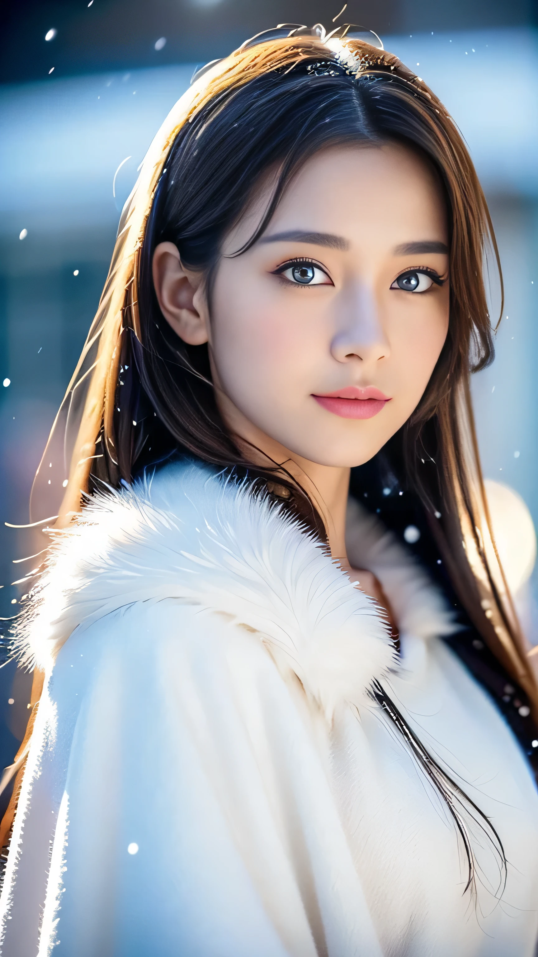 (highest quality, 8k, 32K,details are very clear),Realistic, High resolution, 1 Japanese Women, alone, (Lolita Costume),Gorgeous costumes,Facing the audience,(Upper Body,Upper limbs), Beautiful Eyes, brown hair, Ring-shaped eyes, (outside,Heavy snowfall,thick fur cape,Cover with snow),Snowfield,blue eyes,highest qualityのイラスト,Detailed facial features