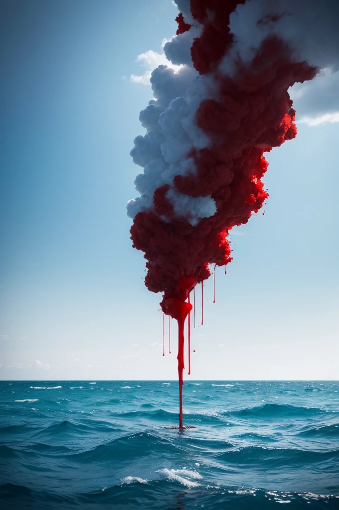 Draw a picture where water from one side of an ocean and blood from the other side are mixed together.
