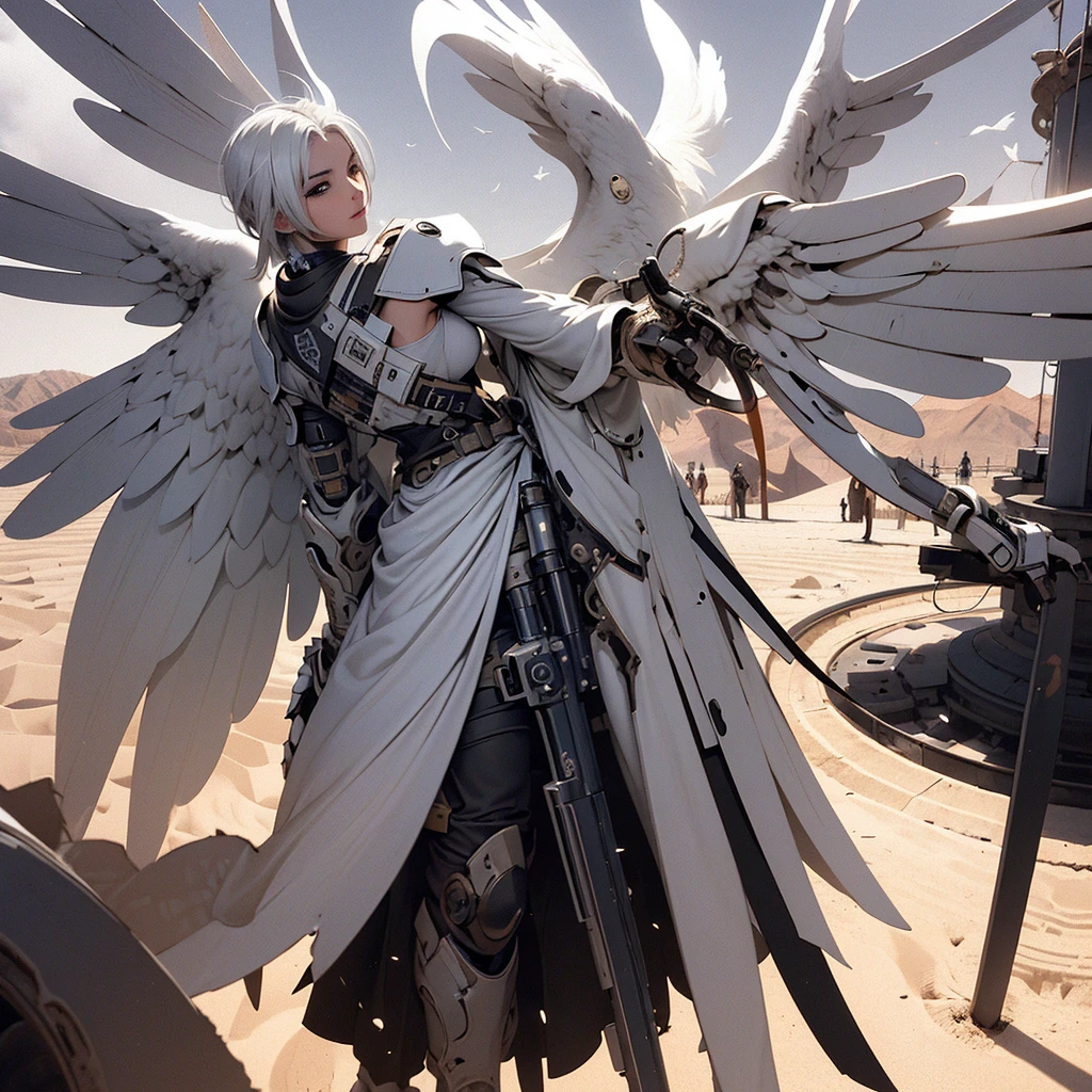 A female angel with black wings and white hair, in the middle of the desert, during an eclipse, during at night, character in the center of the image