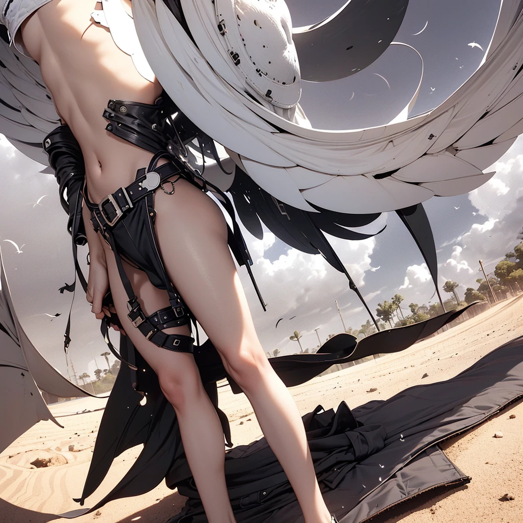 A female angel with black wings and white hair, in the middle of the desert, during an eclipse, during at night, character in the center of the image