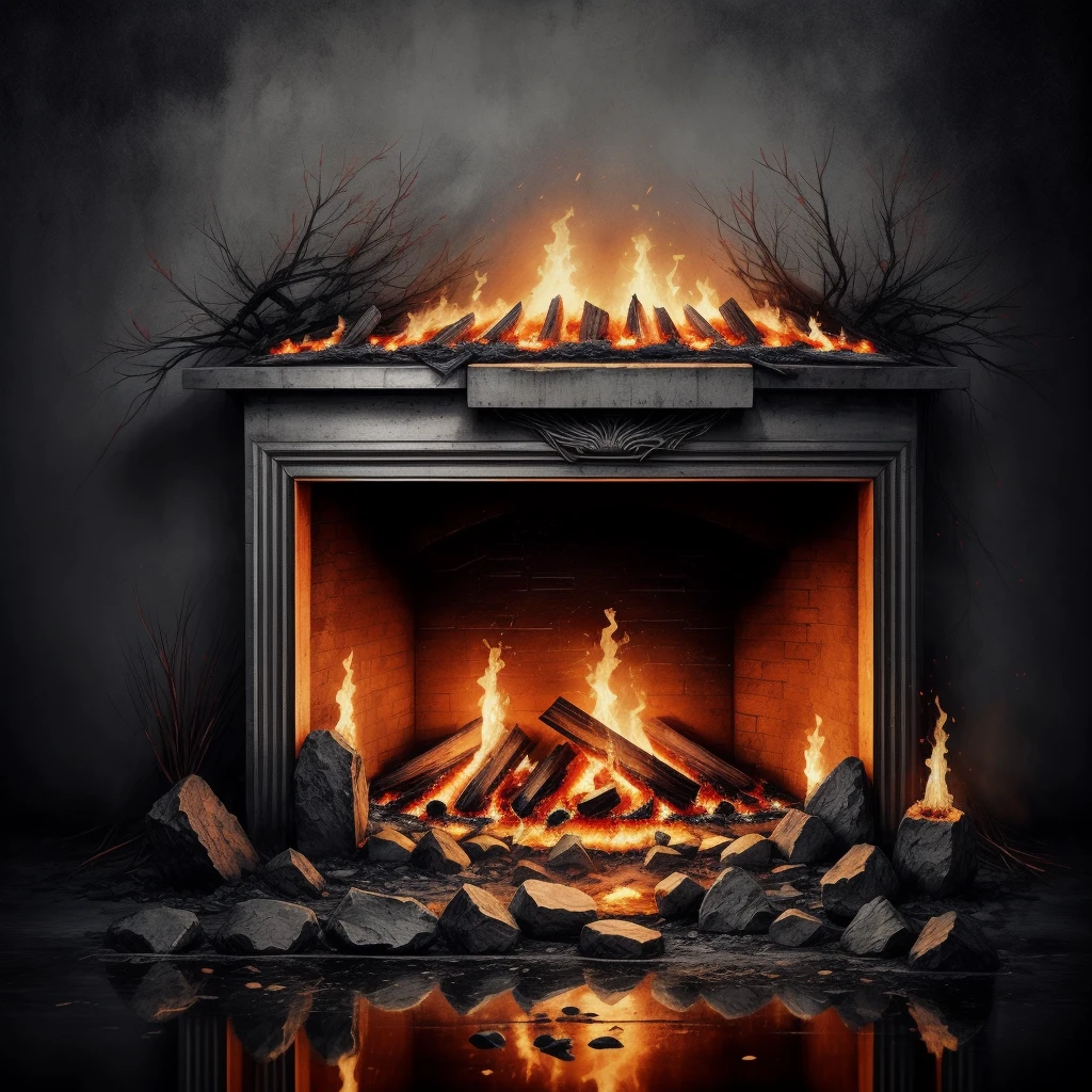 In the depths of the flames, A burning and mysterious ancient Chinese sword stands, The picture is full of hot flames,Arrows fell there., Lost in a mysterious dream, realism
