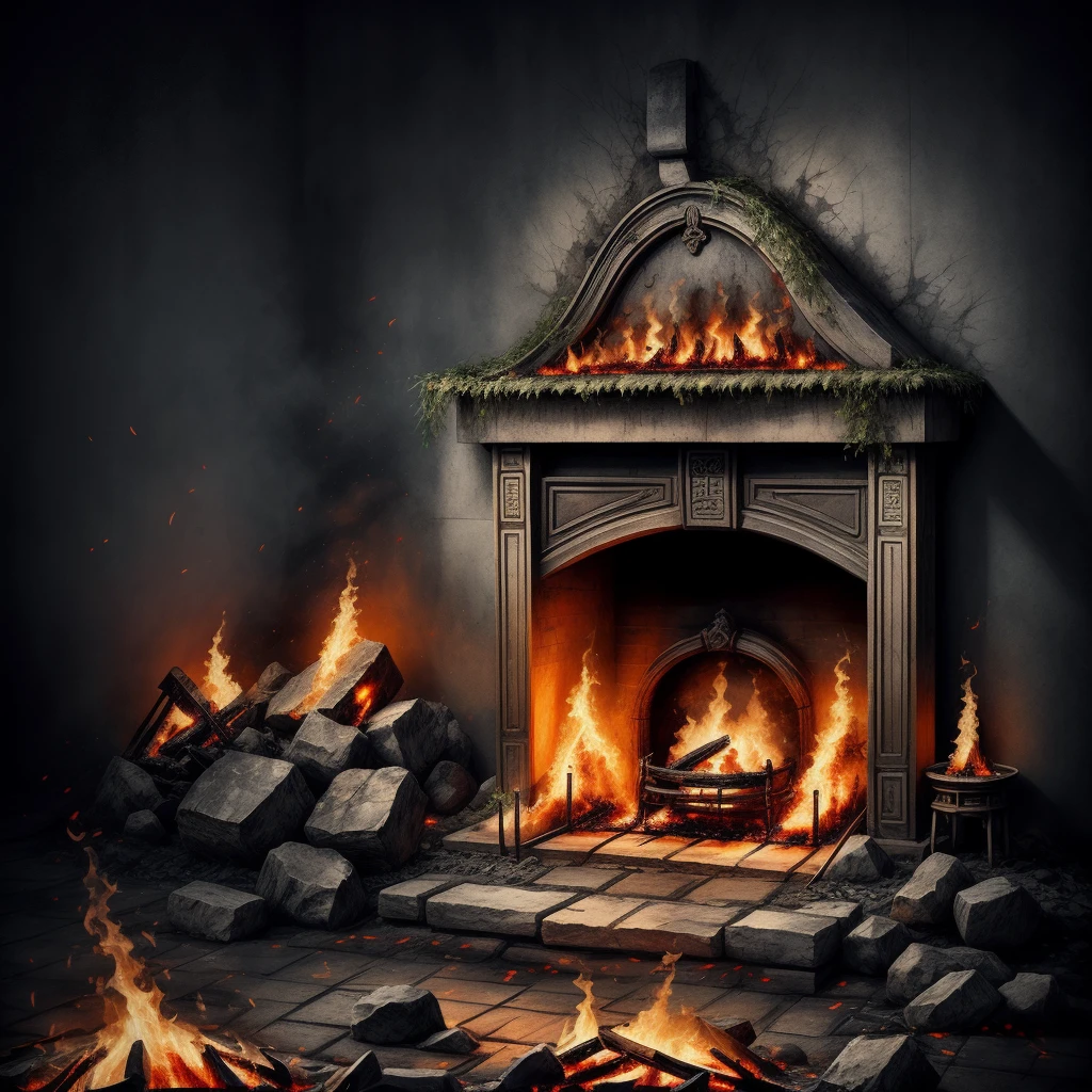 In the depths of the flames, A burning and mysterious ancient Chinese sword stands, The picture is full of hot flames,Arrows fell there., Lost in a mysterious dream, realism
