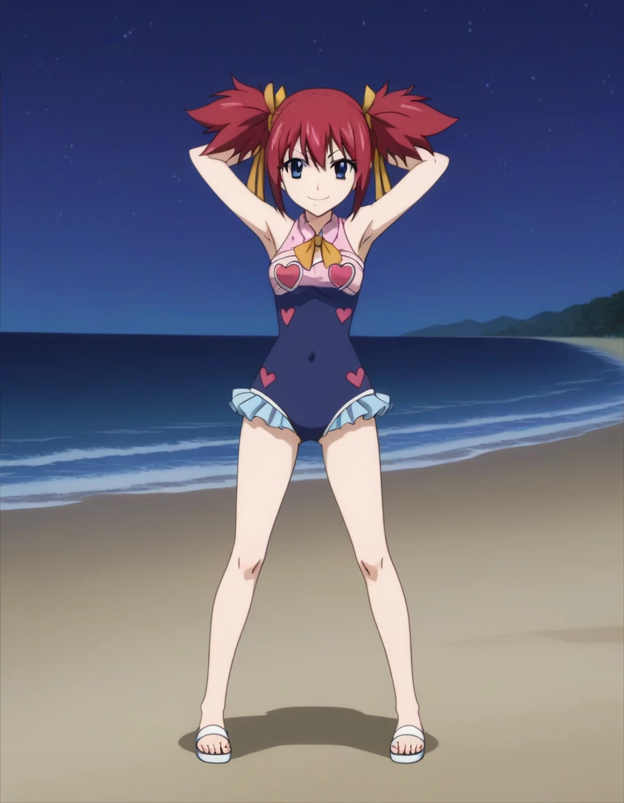 chelia_blendy, source_anime, rating_safe, intricate details, anime screencap, anime coloring, 1girl, solo, red hair, blue eyes, ribbon, hair ribbon, twintails, short twintails, looking at viewer, solo, contrapposto, spread armpit, arms behind head, smile, looking at viewer, full body, closed mouth, night sky, beach, high quality,